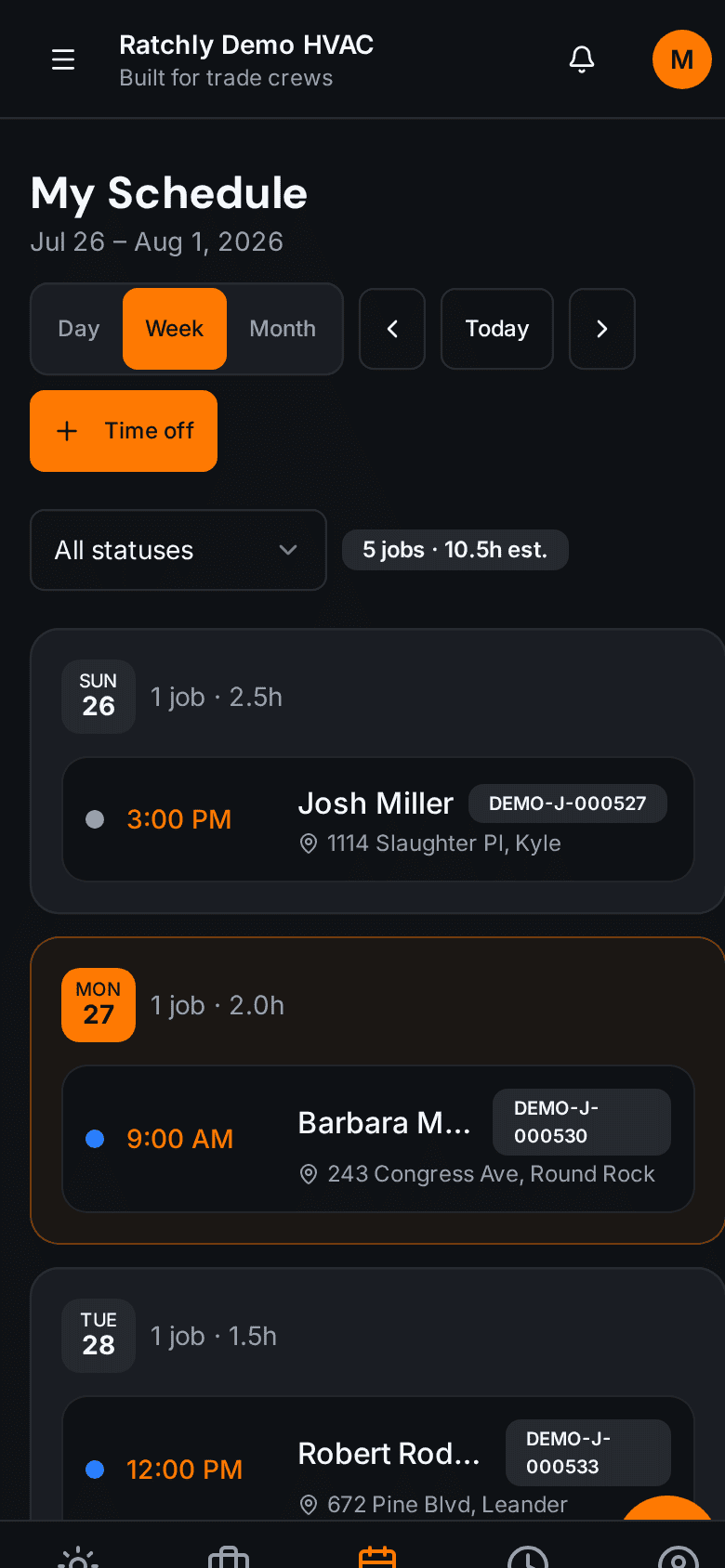 Ratchly on a phone showing a technician's weekly schedule