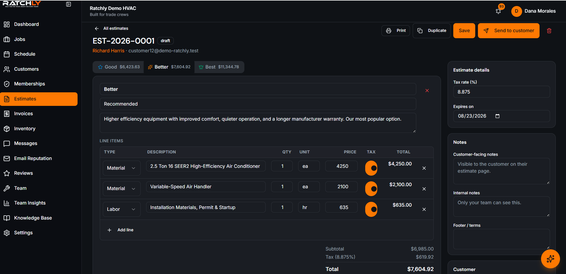Detailed HVAC estimate with options and totals