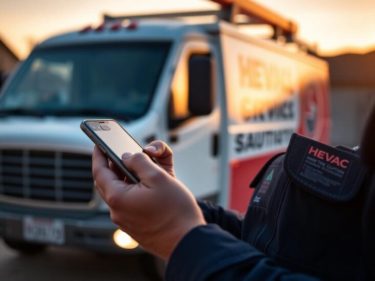 HVAC technician texting status updates from the truck