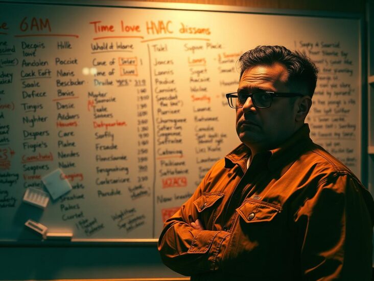 Stressed HVAC dispatcher at a whiteboard at 6am